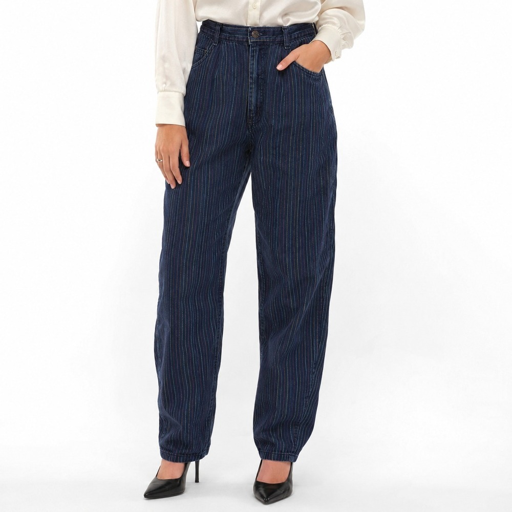 Vintage 1980s Cap Ferrat Straight-Leg‎ Denim Jeans Women's Blue Vertical Stripes